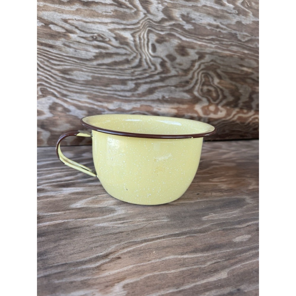 Vintage Yellow Speckled Enamelware Chamber Pot Brown Trim Rustic Farmhouse Decor